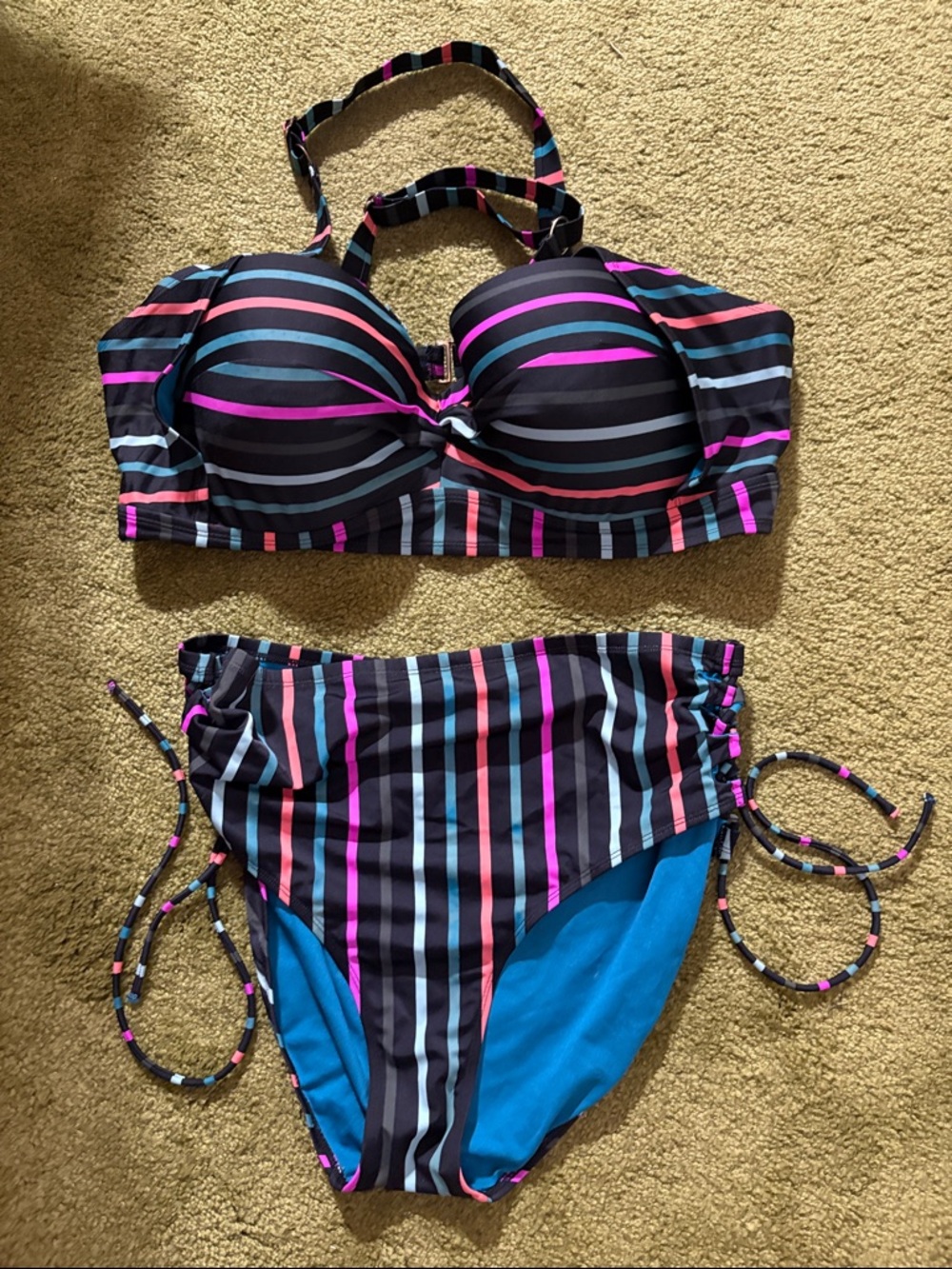 Striped Black Bikini Set with Pink & Blue Accents size 2X